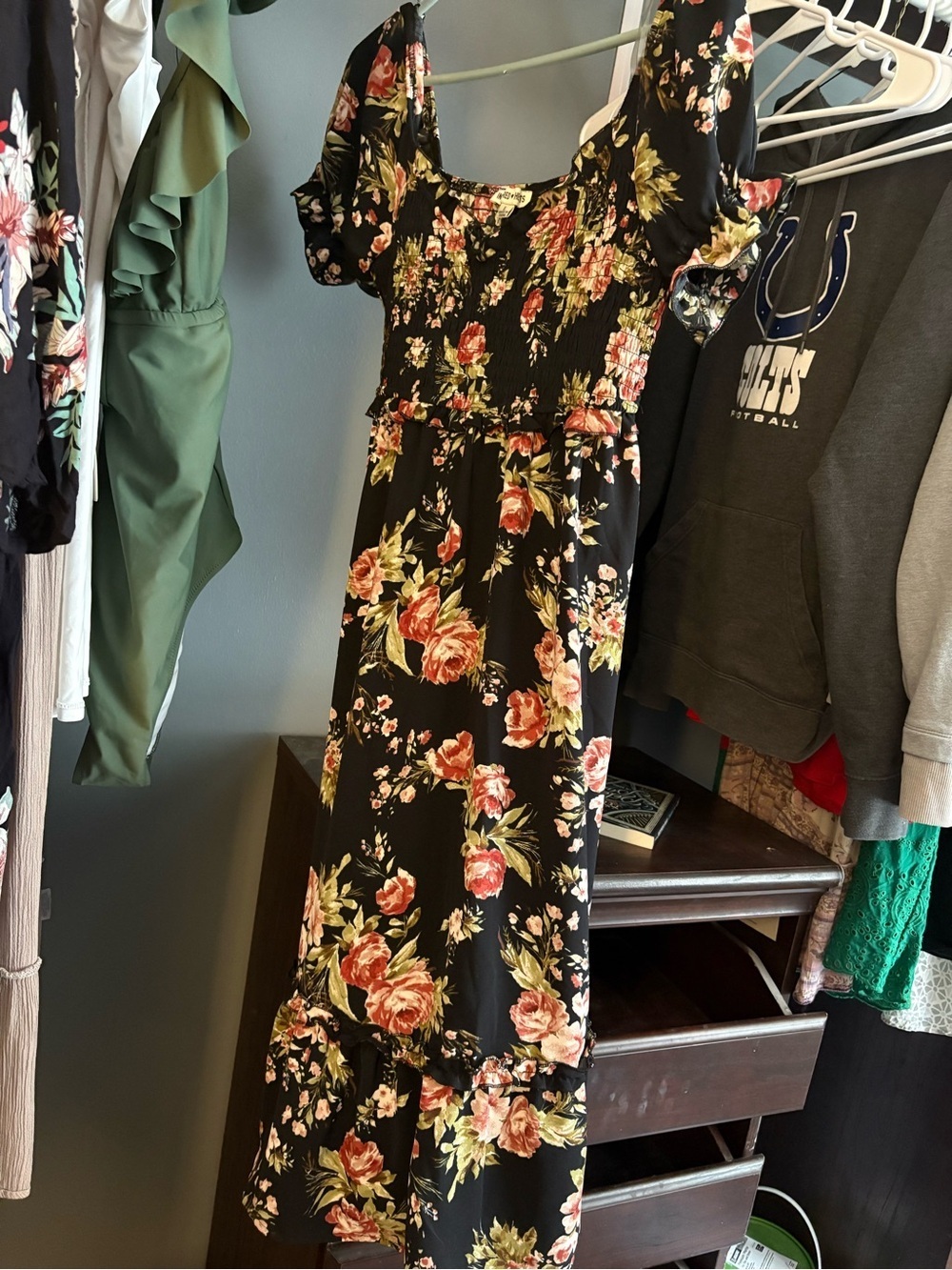 Inspired Hearts Floral Smocked Midi Dress - Black with Pink Roses size large NWT